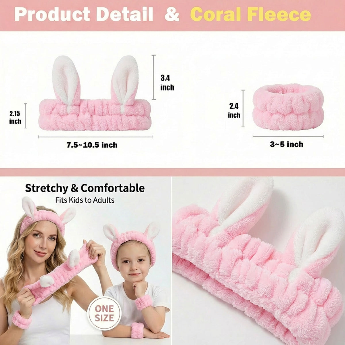 Cute Rabbit Ears Headband and Wrist Set-Pink