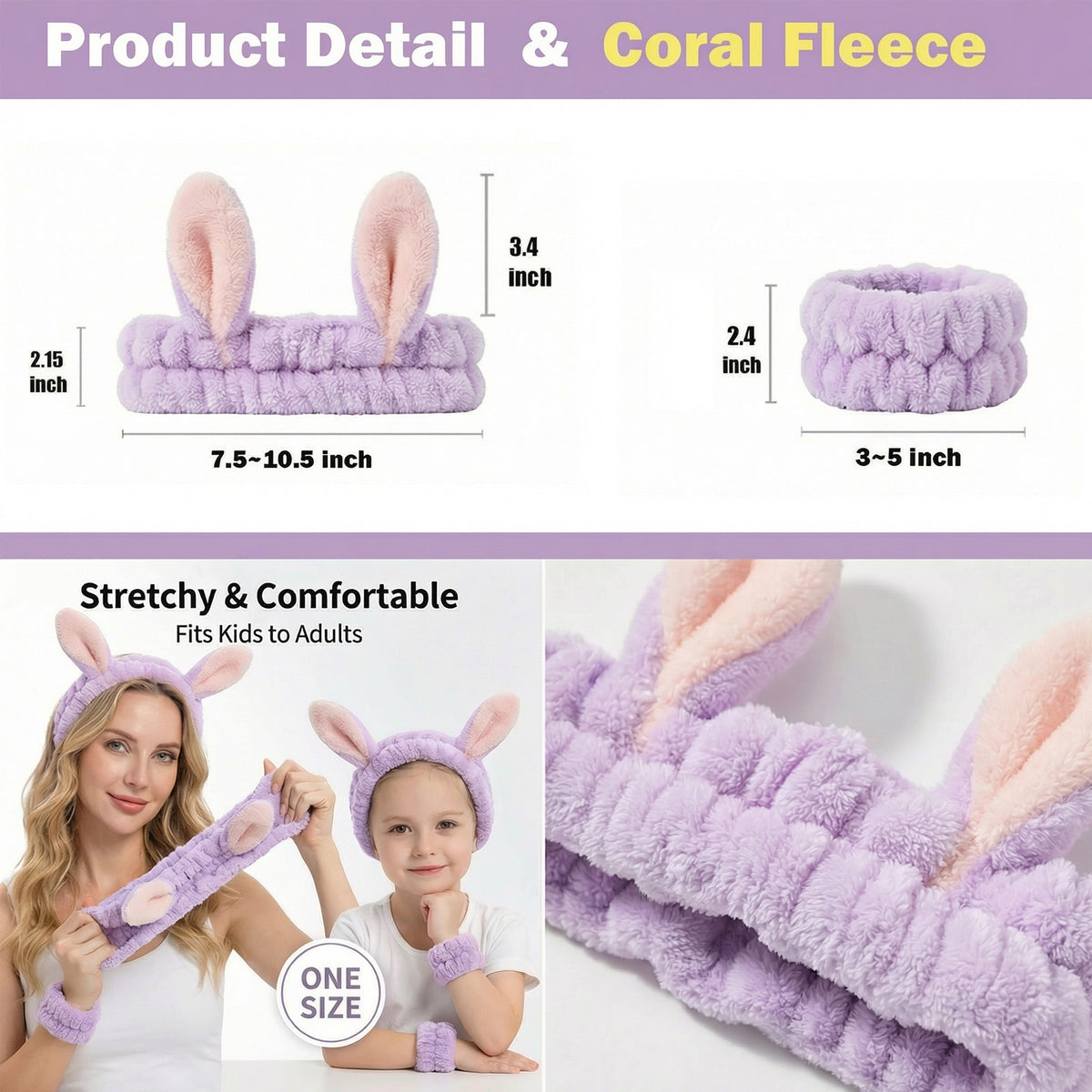 Cute Rabbit Ears Headband and Wrist Set-Purple